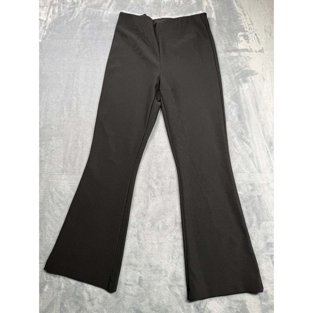 Zara Pants Womens Large Black Ribbed High Waisted Flared Leg Flat Front Pull On